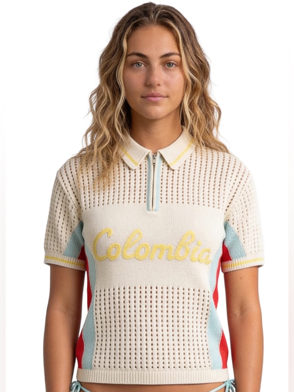 Maaji Cream Polo Top with Yellow 'Colombia' Script and Red & Blue Accents